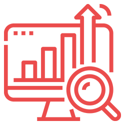 Red line icon of a computer screen displaying bar graphs with an upward arrow and a magnifying glass, indicating data analysis or growth.