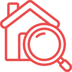 Red outline icon of a house with a magnifying glass over it.