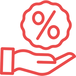 A red outline of a hand holding a percentage symbol inside a scalloped circle, representing a discount or financial concept.
