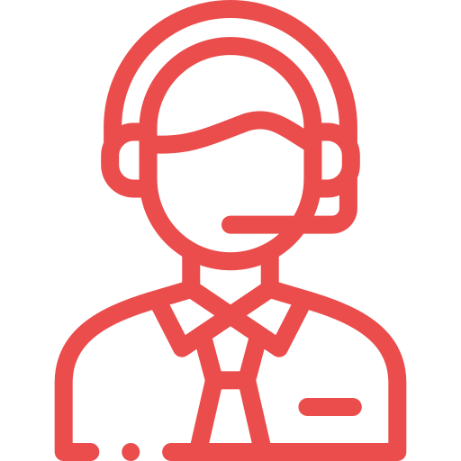 Red outline of a person wearing a headset, tie, and badge, resembling a customer support representative icon.