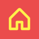 A simple yellow house icon on a red background.