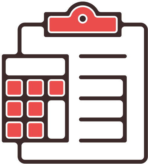 Icon of a red calculator next to a clipboard with lined paper.