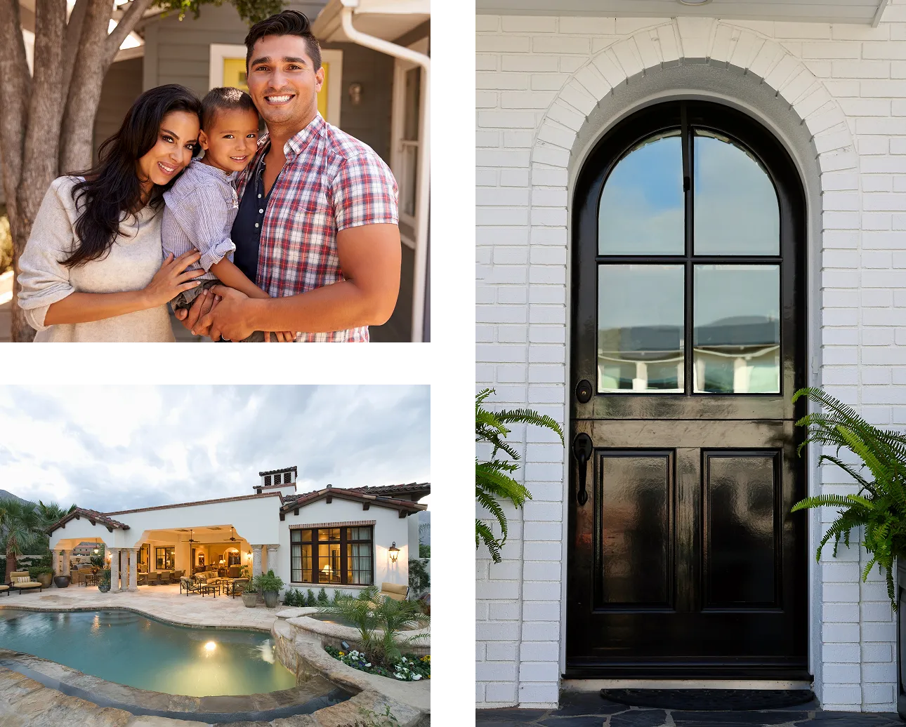A family of three smiling, a modern house with a pool, and a black arched door on a white brick wall.